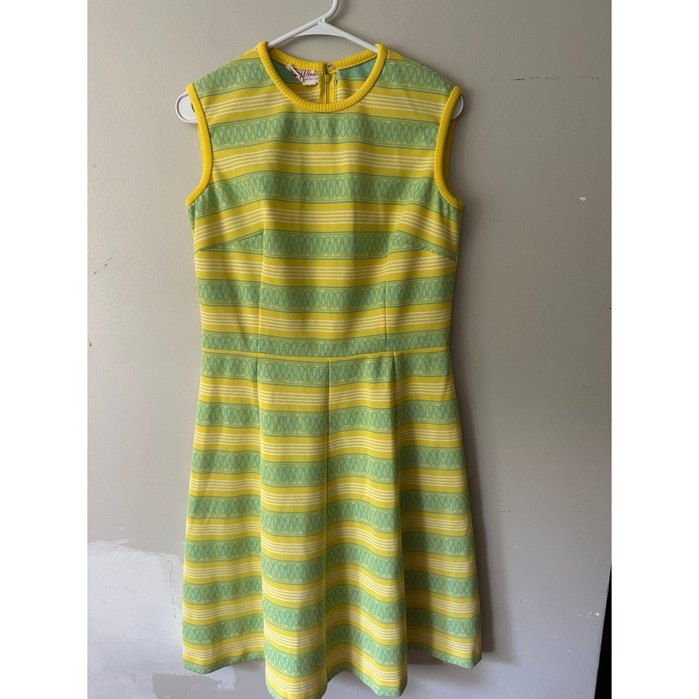 Vintage 60's 70's Kay Winds Yellow Green Striped Sleeveless Rare Shift Dress